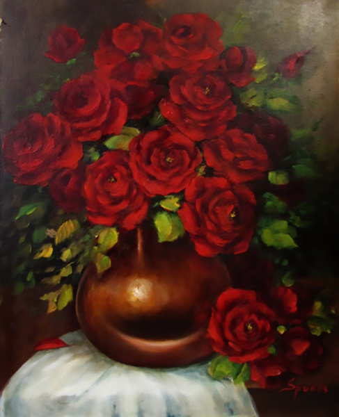Inês Spuras (*São Paulo, atualmente reside em Cotia, SP). Vaso c/ rosas vermelhas, óleo sobre tela,