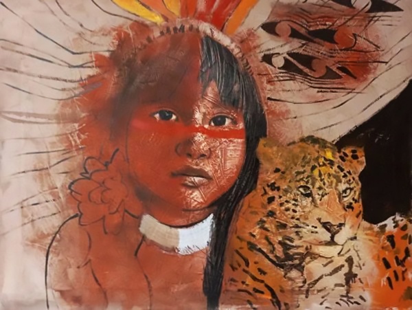 Élon Brasil (*Niterói, R.J. 1957). Menina na Floresta, óleo sobre tela, 100 X 130 cm // s/ moldura.