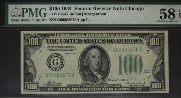 Cédula do Estados Unidos - 100 dollars -  Federal Reserve Note, Retrato pequeno - 1934 - Graduada pe