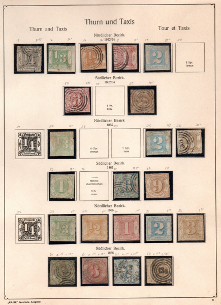 Thurn e Taxis - Folha de coleção com 22 selos, novos e usados. Dispostos sobre a folha com fita prot