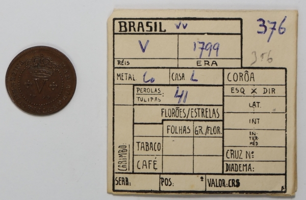 Moeda do Brasil - V réis - 1799 - C356 - Módulo menor - Cobre - Colônia - Ex-coleção Kurt Prober - M