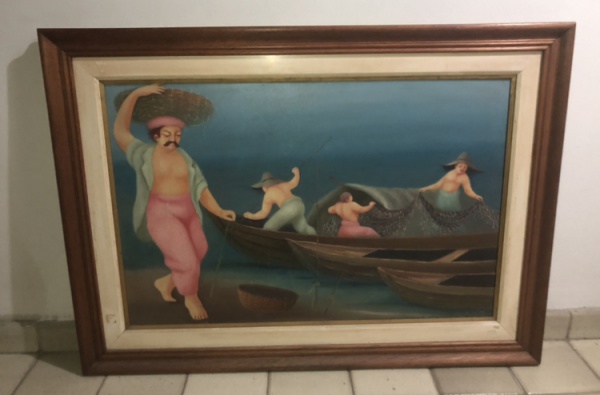 Messias Neiva - ( 1925 - 2020) Importante obra em óleo sobre tela, representando pescadores, assinad