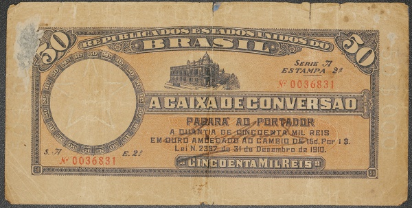 Cédula do Brasil - 50 mil réis - caixa de conversão - Autografada - 1910 - Cat. Ai.  R.177 - BC c/ fissuras na parte superior e sinal de fitadescolada