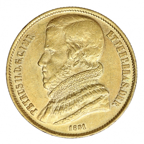 Moeda do Brasil - 20.000 Réis - 1851 - Papo de Tucano - Império - Ouro(.917) - 17.9 g - 30 mm - Cat.