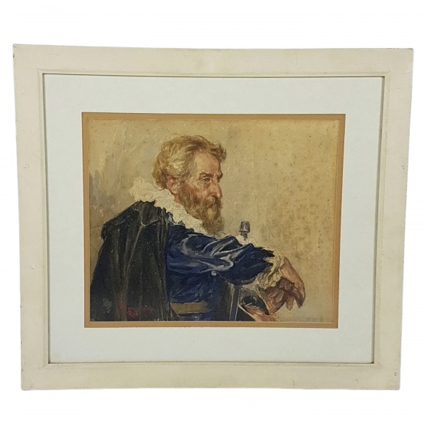 HENRIQUE BERNARDELLI (1857 - 1936) - Quadro contendo pintura à aquarela com cena de fidalgo, assinat