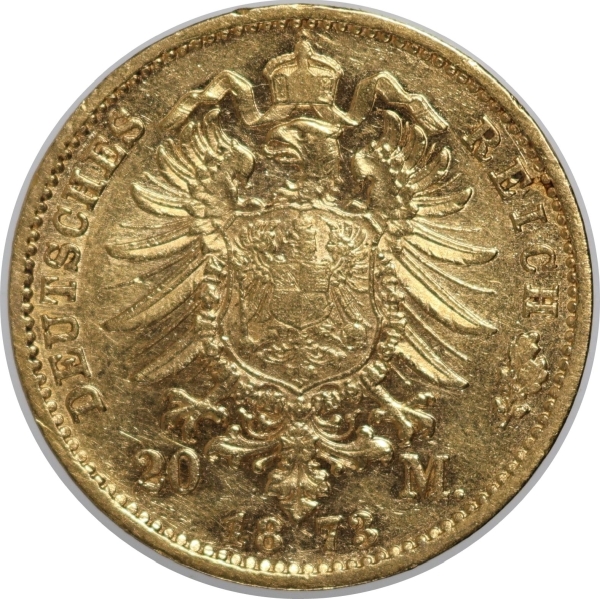 Moeda de Baden (Estado Germânico) - 20 marcos - 1873G - OURO (.900) - 7.9 g - 22 mm - KM# 261