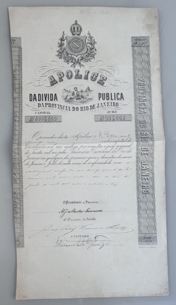 Apólice do império Ano 1873 Dívida Publica da Previdência do Rio de Janeiro RARA Capital de 500.000