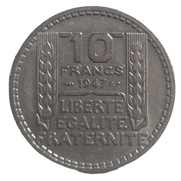 Moeda França 10 Francs (cabeça pequena) 1947 Cobre-níquel 7 g 26 mm