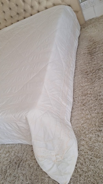TRUSSARDI - Edredom Trussardi Super King,100% algodão, 600 fios, no tom branco com destaque para aplicações bordadas em motivos de folhagens, com efeito matelassê e destaque para barra em tecido bordado em feitio de babado com pontos vazados no tom bege dourado claro. Composto por: 1 (um) Edredom. Med.: 2,90 cm x 2,60 cm. Em ótimo estado. Total:  1 peça.