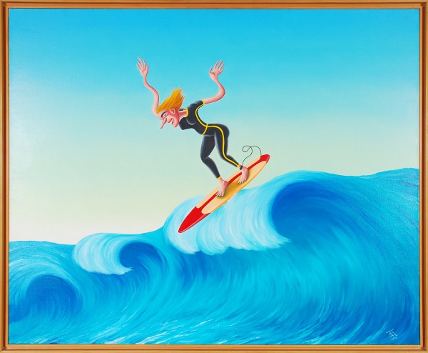 ROBERTO MAGALHÃES (Rio de Janeiro, RJ, 1940) . " Surfista", óleo s/tela, 80 cm x 100 cm. Ass