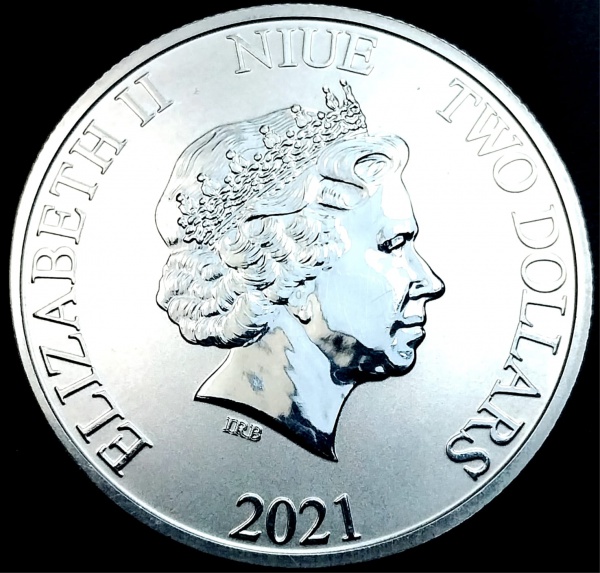 Moeda de Niue Two Dollars ano 2021 busto da Rainha Elizabeth II
