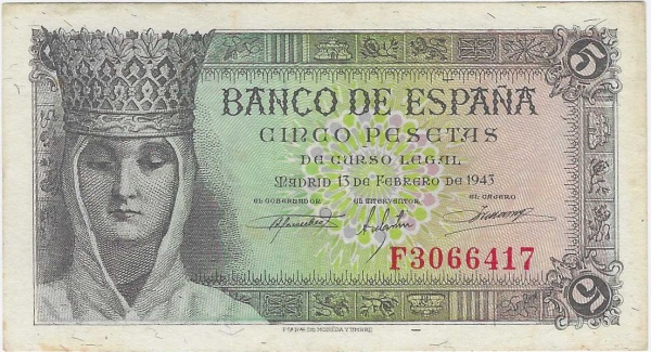 Cédula da Espanha - 5 Pesetas - 1943 - P127 - SOB/FE