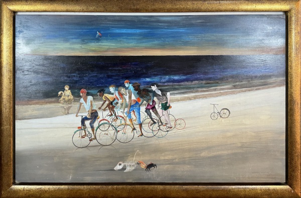 NEWTON REZENDE. "Ciclistas na praia", óleo s/ eucatex. 62 x 1.00. Assinado e datado (1976) n