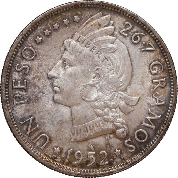 Moeda da República Dominicana - 1 peso - 1952 - Prata