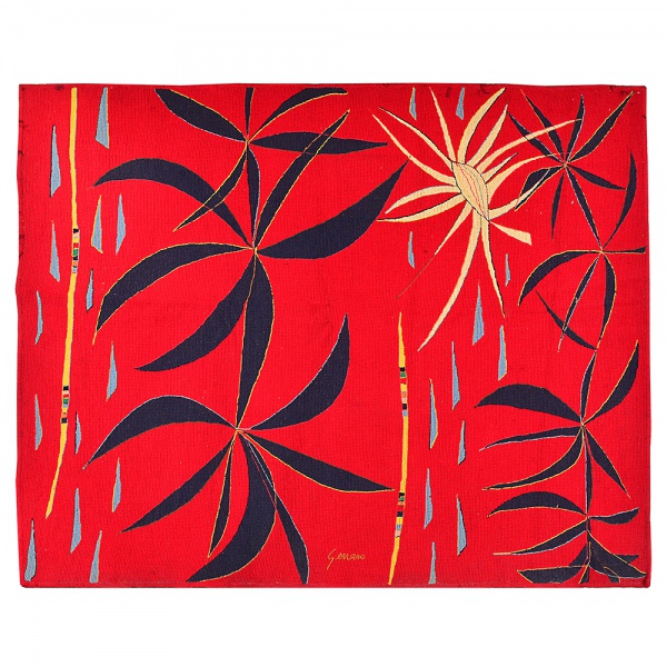 GENARO DE CARVALHO (1926 - 1971) - Tapeçaria com fundo em tons de vermelho. Meds: 100 cm x 122 cm