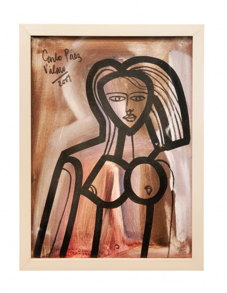 Carlos Páez Vilaró (1923-2014) : "Sem Título", óleo s. tela , ass. sup. esq. e dat. 2007. Med. Mi Me (Nota Biográfica: Carlos Páez Vilaró (1923-2014) nasceu em Montevidéu, no Uruguai. Em 1939 e se mudou para Buenos Aires, onde trabalhou como aprendiz de impressão no setor de Barracas industriais da capital argentina. Voltando a Montevidéu no final de 1940, ele desenvolveu um interesse na cultura afro-uruguaia. Em Montevidéu, principalmente nos bairros negros de "mediomundo" ("Middle Earth"), ele estudou o Candomblé e danças Comparsa característica da cultura Africana. Compôs inúmeras peças musicais nos dois gêneros e conduziu uma orquestra. Seu grupo de congas e bongôs foram decorados com desenhos temáticos. Seu interesse pela cultura Africana, levou-o, mais tarde, para o Brasil que abriga a maior população do hemisfério ocidental de ascendência Africana. Páez Vilaró foi convidado pelo diretor do Museu de Arte Moderna de Paris, Jean Cassou, em 1956 para expor alguns de seus trabalhos. Ele viajou a Dakar, no final daquele ano - A sua primeira visita à África. Cada vez mais conhecido, Páez Vilaró foi convidado a criar um mural em 1959, para o túnel que levava ao novo anexo para a Organização dos Estados Americanos Washington, DC sede, o edifício da União Pan-Americana. Originalmente concebido para não ser maior do que 15 metros de comprimento, o mural completo (Raízes da Paz), media, depois de construído, 155 metros de comprimento e cerca de 2 metros de altura. Casapueblo, sua "escultura viva" e criação mais conhecida, é um destino turístico líder no Uruguai desde a década de 1960. O símbolo turístico de Punta del Este "Casapueblo", fica a 130 km a leste de Montevidéu. Ele comprou uma propriedade à beira-mar no leste do Uruguai cênica, o então desolado Punta Ballena, em 1958, um pequeno prédio de madeira que ao longo do tempo tornou-se "Casapueblo" ("House Village"). Uma estrutura que lembra caiadas de cimento de Mykonos, foi construída em etapas pelo artista, para se assemelhar aos ninhos de barro criados por pássaros da região Hornero nativa, e hoje é sua casa, ateliê e museu. Embora residisse no Casapueblo. - sua "escultura viva" - em 1968, Páez Vilaró continuou a criar sobre a estrutura de seu desejo, às vezes acrescentando um espaço para um convidado especial, por exemplo. Mais tarde, ele abriu uma seção de Casapueblo com o turismo, e montou um resort Casapueblo. Vilaró permaneceu próximo aos numerosos amigos de seus dias em Paris na década de 1950, particularmente Brigitte Bardot e Pablo Picasso, e em 1967, estabeleceu uma empresa de produção cinematográfica ("Dahlia") com a ajuda de industriais europeus Gerard Leclery e Gunther Sachs. Ele viajou por várias regiões do Oeste Africano para fazer um documentário,Batouk, com o diretor Jean-Jacques Manigot e a poeta Aimé Césaire. O primeiro casamento do artista, embora breve, deu frutos. O casal teve três filhos. Um deles, Carlos "Carlitos" Páez Rodríguez, mais tarde iria se juntar ao Colégio Stella Maris "cristãos-velhos" da equipe de Rugby. Em 13 de outubro de 1972, Força Aérea Uruguaia Voo 571 carregando o time caiu na Cordilheira dos Andes, entre o Chile e Mendoza província Argentina. Páez Vilaró participou pessoalmente da missão de busca e salvamento para os 45 passageiros, dos quais apenas 16 sobreviveram, incluindo seu filho, com quem se reuniu pouco depois de seu resgate, em 23 de dezembro. Páez Vilaró também teve dificuldades em outras áreas de sua vida. Ele conheceu Annette Deussen, uma turista argentina, em 1976, e teve um filho em 1984, embora até então ela era casada com outro homem. Annete terminou seu casamento em 1986 e, em 1989 ela e Páez Vilaró se casaram. O ex-cônjuge, porém, continuou sua luta legal para a criança por mais de uma década, mesmo após a paternidade Páez Vilaró ter sido cofirmada por testes. A questão foi finalmente resolvida, em favor de Vilarós Páez em 1999. Uma série de pinturas recentes do artista, está em exposição na Casapueblo. Ele continuou a criar murais e esculturas de diversos órgãos governamentais, sedes de empresas, casas particulares, e outros edifícios. Ele criou 12 murais na Argentina, 16 no Brasil, 3 no Chile, 11 nos Estados Unidos e 30 no seu Uruguai natal, bem como uma dispersão de obras em outros lugares na África e na Polinésia . Ele também reconstruiu uma casa abandonada nas proximidades do Tigre em 1989 na forma de Casapueblo, ele considera que a sua capela de San Isidro " maior obra ". O artista, um pai de seis filhos, divide seu tempo entre a Casapueblo e Bengala, sua residencia em Tigre.