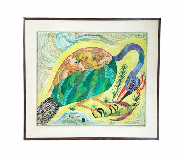 Francisco Domingos da Silva (Alto Tejo / Acre, 1910 - Fortaleza / Ceará,1985),"Animais fantásticos", óleo s. tela ass. inf. esq. dat. 1972, pequeno furo na tela. Med. 77 x 89 cm