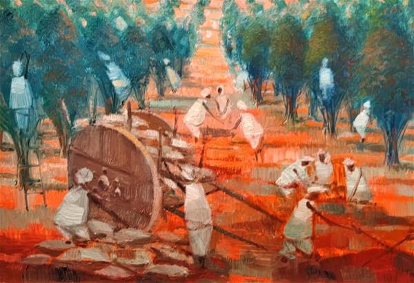 Enrico Bianco (1918 - 2013): "Colheita" , óleo s. eucatex , ass. inf. dir. e dat. 1990 . Med. Mi 24 x 34 cm Me 65 x 75 cm