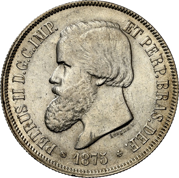 Moeda do Brasil: 2000 Réis 1875 - Graduado pela NGC MS 62  - Prata - Muito brilho de cunhagem - Maravilhosa - Flor de Cunho 