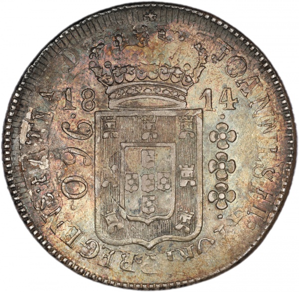 Moeda do Brasil - 960 Réis 1814 Rio - Sobre 8 Reales Santiago 1814 FJ - Data sobre data - Flor de Cunho - Linda patina colorida - Prata