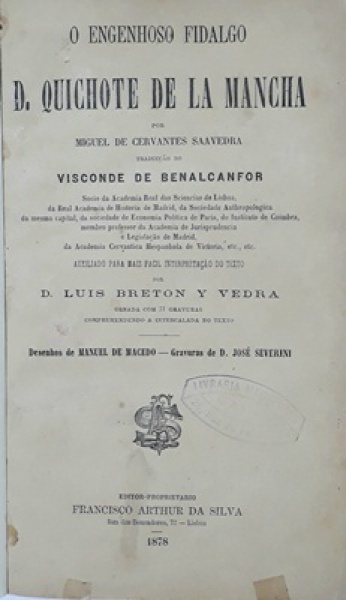 LIVRO (U): O ENGENHOSO FIDALGO D. QUICHOTE DE LA MANCHA, por MIGUEL DE CERVANTES SAAVEDRA. 1878