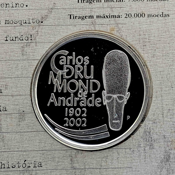 Moeda de Prata do Brasil - 2 Reais - Carlos drummond de Andrade - com inscrição P ( Prova) Rara - 2002 - República - E420 - FC
