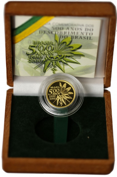 Moeda do Brasil - Ouro da República - 20 reais - 500 anos do descobrimento do Brasil - 1995 - Completa - OURO(.900) 8g - Cat. Ai. P.741