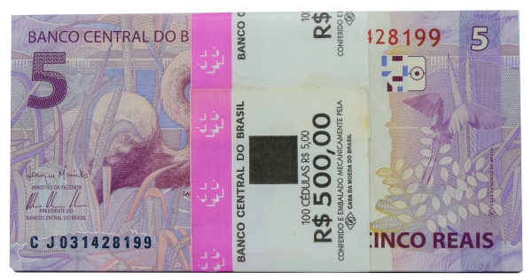 Cedula do Brasil - 5 Reais - Centena (FE) com Cinta Original BCB - SÉRIE CJ - C342 - MEIRELLES / TOMBINI - FE marca R$ 330 cada - LANCE LIVRE!!!
