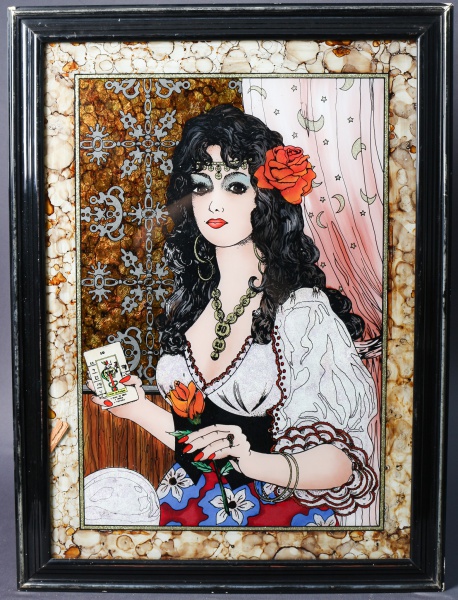 Quadro óleo sobre tela com cena serena à beira dágua, duas figuras