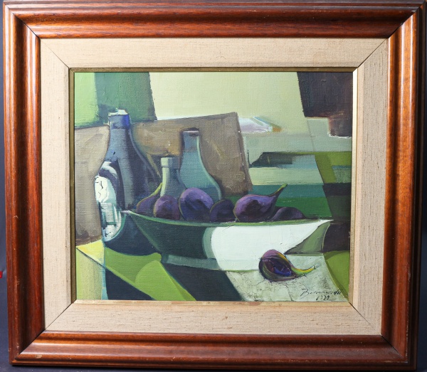 Quadro óleo sobre tela assinada Bernardelli e datada de 1979, representando natureza morta estiliz