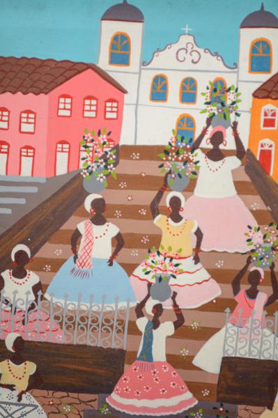 Quadro óleo sobre tela representando cena folclórica com baianas