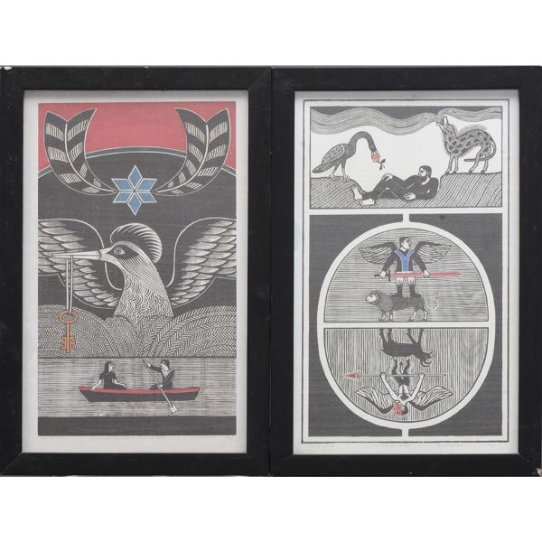 Gilvan Samico (Recife PE 1928 - idem 2013) - Pendant de quadros A chave de ouro do reino do vai não volta e A luta dos anjos  gravura  34 x 21 cm MI e 38,5 x 25,5 cm ME. Assinado e dat 1968. Gravura impressas