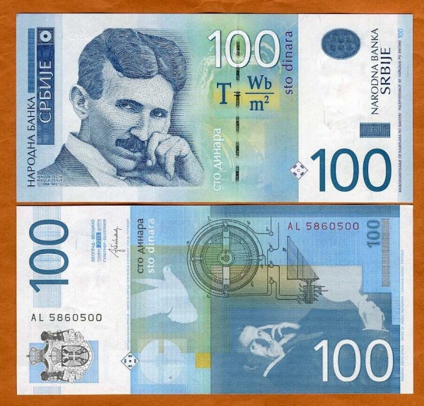 CÉDULA DA SÉRVIA - 100 DINARA  NIKOLA TESLA FLOR DE ESTAMPA