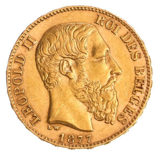 Moeda da Bélgica - 20 Francos - 1877 - OURO (.900) - 6.45 g - 21 mm - KM#37 - Oportunidade de investimento