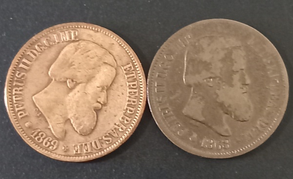 2 MOEDAS DE 20 REIS.  PEDRO II.  1868 E 1869,  MBC.