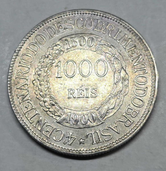MOEDA DE PRATA 1.000 RÉIS 400 ANOS DO DESCOBRIMENTO DO BRASIL ANO 1900 P-678 SOBERBA/FC ESTIMATIVA CATALOGO BENTES  R$ 2.600,