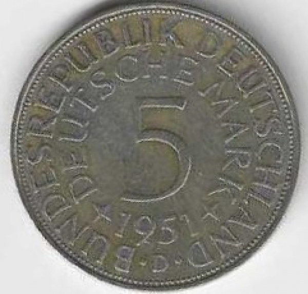 ALEMANHA - 5 MARCOS - LETRA D - 1951