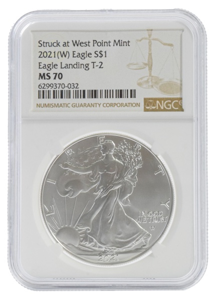 Moeda dos Estados Unidos - 1 Dollar - Silver Eagle - 2021 (W) - Modelo Novo (T2) - Graduada pela NGC MS-70 (Máxima graduação possível) - 1 Oz - Prata (.999) 31.1 gr 40 mm - KM#746