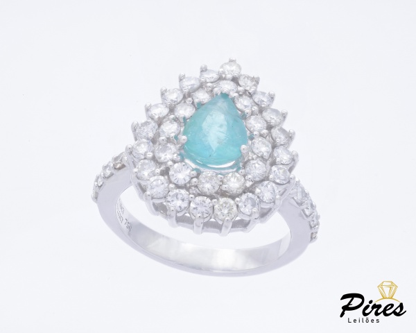 Anel Sofisticado Design Gota em Ouro Branco 18K com Turmalina Paraíba de 1,10 Cts 7,72 x 5,94 x 4,45