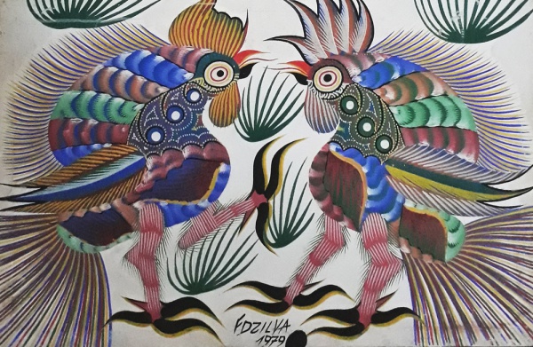 AM000, CHICO DA SILVA, têmpera sobre tela, representando rinha de galos, medindo 42 x 65 cm. Sem mol