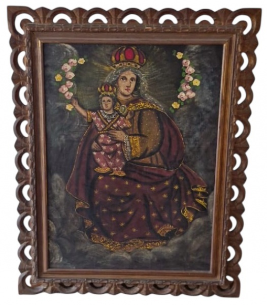 Cusquenho - Nossa Senhora com Menino Jesus - O.S.T., med. 110 x 80 cm sem moldura e 138 x 110 cm com