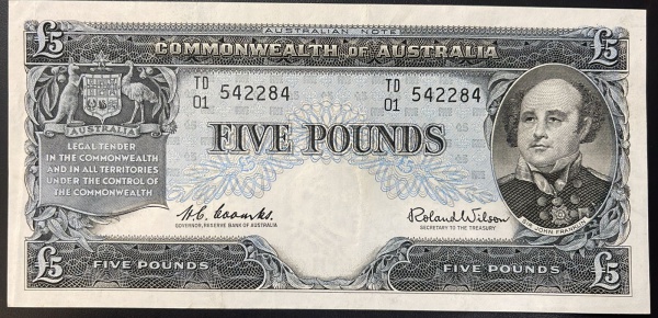 # CEDULA DA AUSTRALIA - 5 POUNDS - SOBERBA / FLOR DE ESTAMPA.