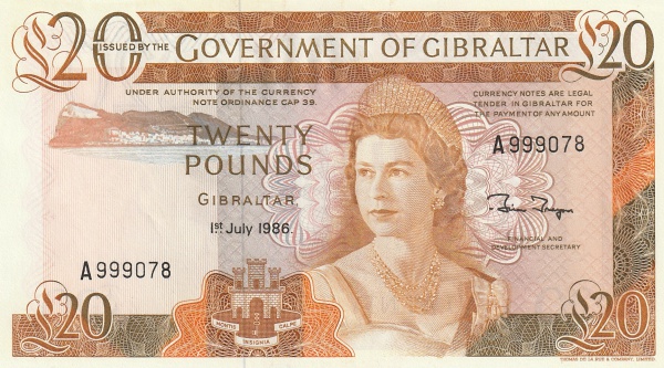 Cédula de Gibraltar - 20 pounds - 1986 - P23c - rara - FE - marca 400 dolares