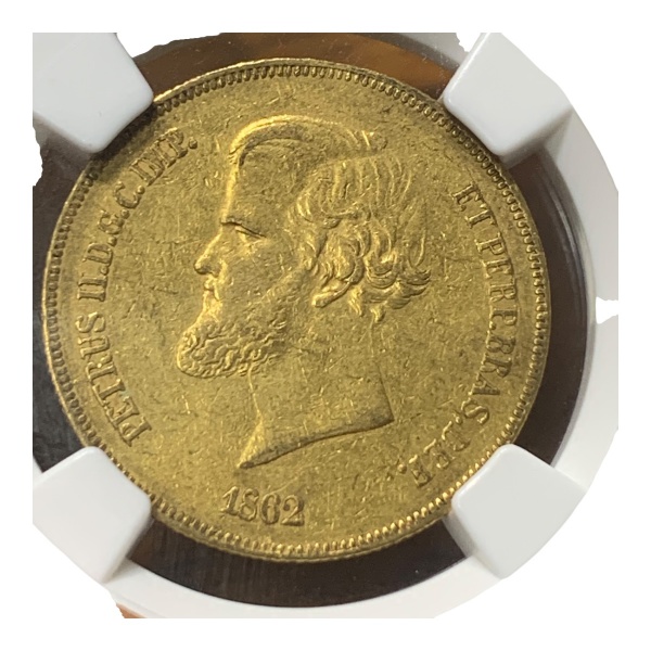 Ouro do Brasil - 20.000 Réis 1862 - Data mais rara da série - Classificada NGC como AU 50 - Correspo