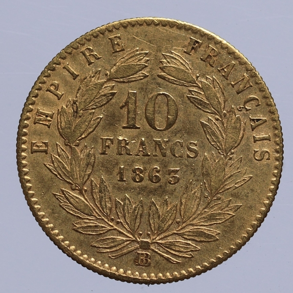 Moeda da França - 10 francos - 1863BB - OURO (.900) - 3.2 g - 19 mm - KM# 800