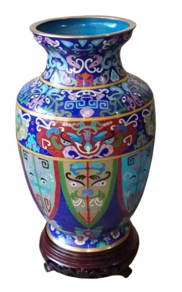 Antigo e raro vaso em Cloisonné, todo em bronze, pintado a mão