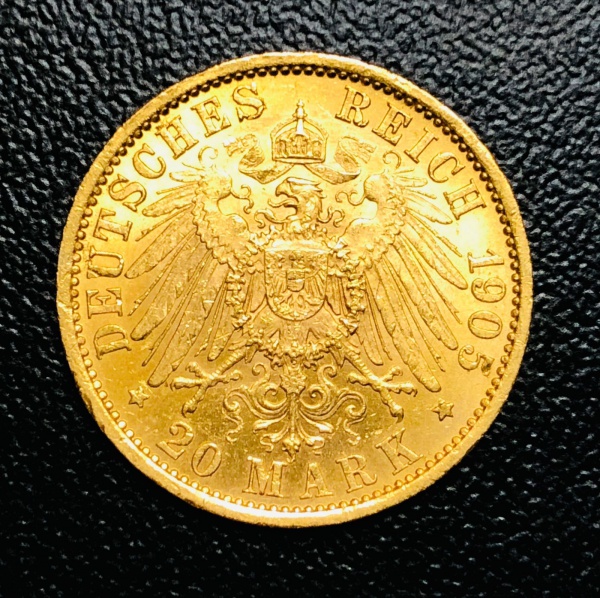 Moeda Reino da Prússia - 20 Mark 1905 A - Ouro (.900) - 7,965 g - 22,5 mm - KM-521 - Rei Guilherme I