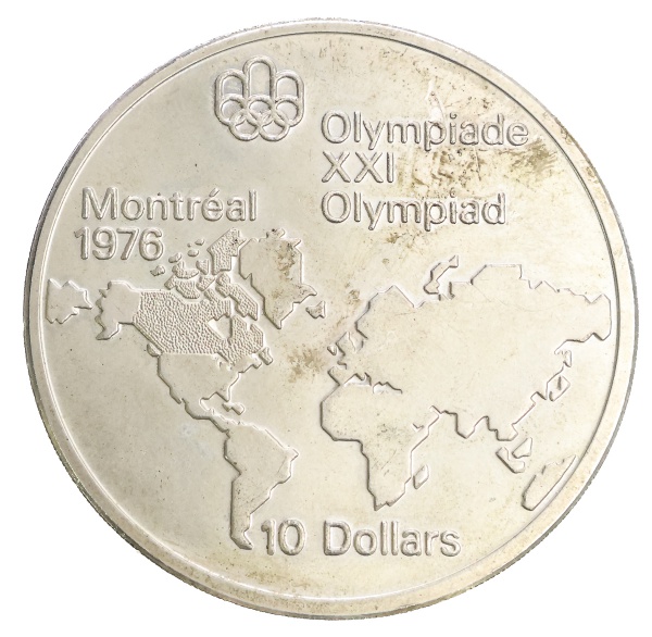 Moeda do Canada - 10 Dollars - Elizabeth II (Mapa Mundial) 1973 - Olímpiadas de Montreal 1976 - Prata (.925) - 48.6 g - 45 mm - KM#86