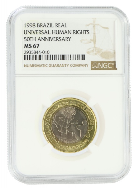Moeda do Brasil - 1 Real - 1998 - 50 Anos da Declaração dos Direitos Humanos DH - Graduado pela NGC MS67 - Flor de Cunho - Bimetálica - LANCE LIVRE!!!