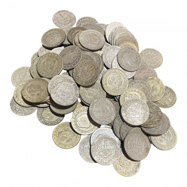 LOTE CONTENDO - 500 GRAMAS DE MOEDAS BRASILEIRAS 2000 RÉIS EM PRATA 500.